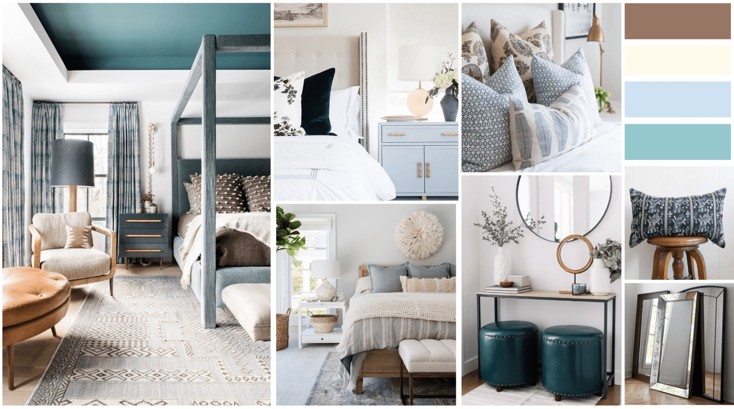 Relaxing california home with white and blue accents. Blue bedroom with a travelled bohemian style.