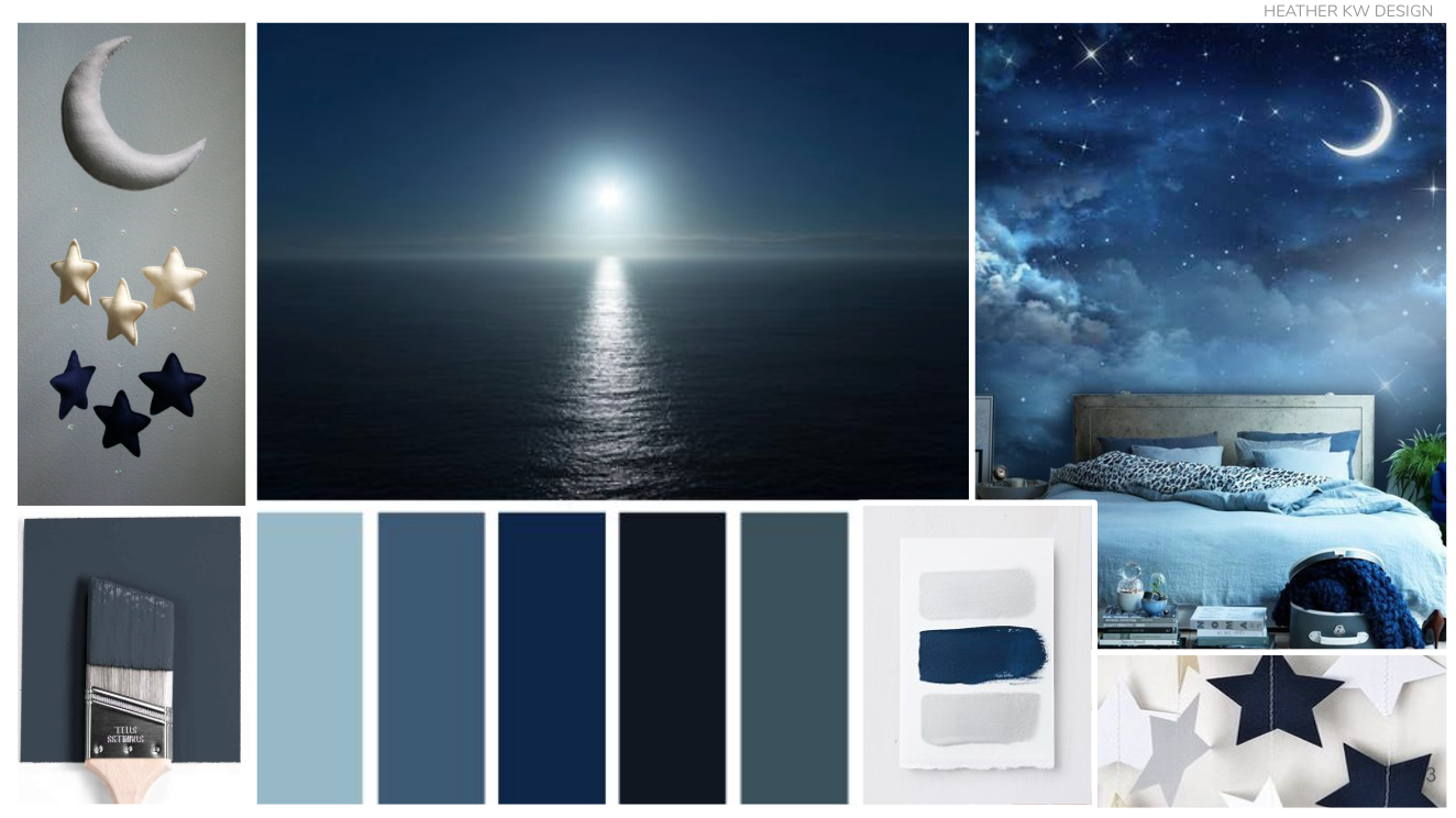 blue nursery mood board for a gender neutral nursery space. nursery with moons and stars and a blue palette